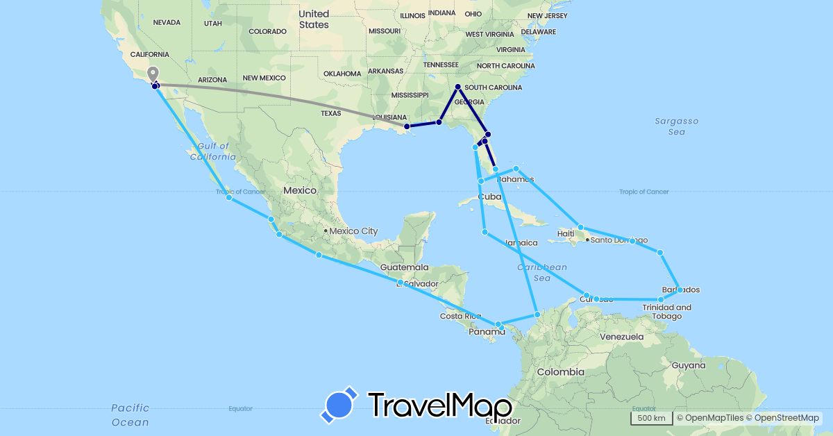 TravelMap itinerary: driving, plane, boat in Antigua and Barbuda, Barbados, Bahamas, Colombia, Dominican Republic, Grenada, Guatemala, Cayman Islands, Mexico, Netherlands, Panama, United States (Europe, North America, South America)